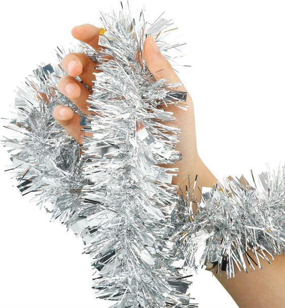WILLBOND 50 Feet Christmas Silver Tinsel Garland Metallic Tinsel Twist Garland Christmas Tree Decorations Birthday Wedding Year Hanging Decorations Party Supplies, 3 Inch