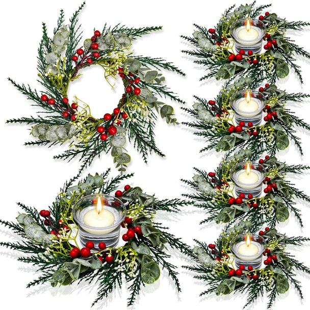 Christmas Candle Rings Artificial Red Berries Snowy Pine Needles Garland Candle Rings Wreaths Candle Rings for Pillars Rustic Wedding Centerpiece Christmas Table Decoration for Front Door (12 Pcs)