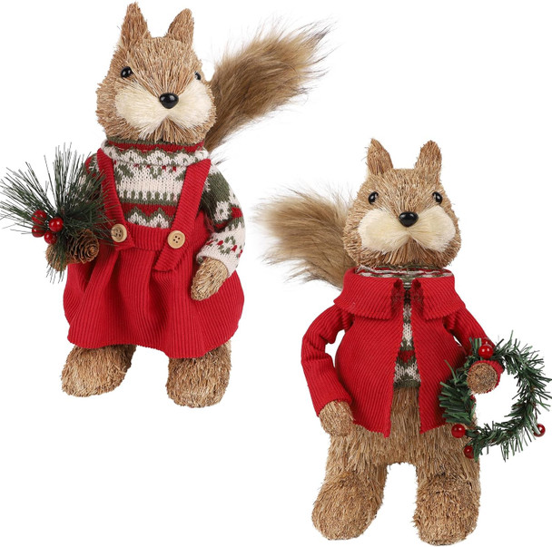 winemana 2 Pack Christmas Squirrel Tabletop Decorations, Sisal Squirrel Figurine for Home Decor Woodland Animals Rustic Xmas Ornaments for Table Office Indoor Forest Decor Seasonal s