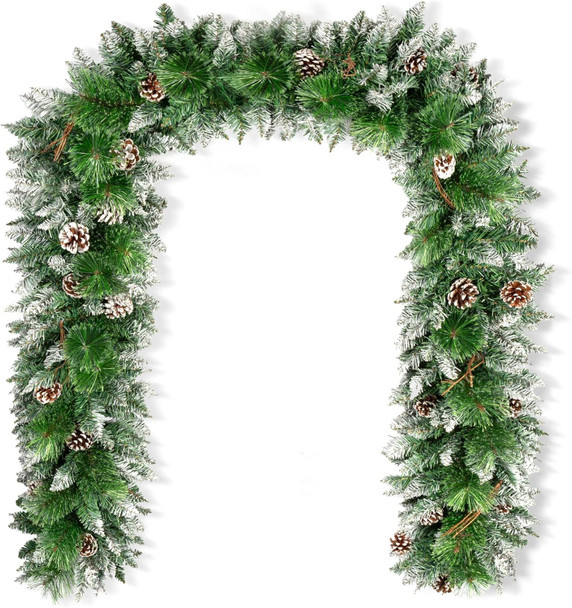 9 FT Christmas Garland with 100 LED Lights Dense-Style, Battery Operated Pre-Lit Garland with Pine Cones and Snow, 8 Lighting Modes with Timer, Christmas Decor for Mantle, Fireplace