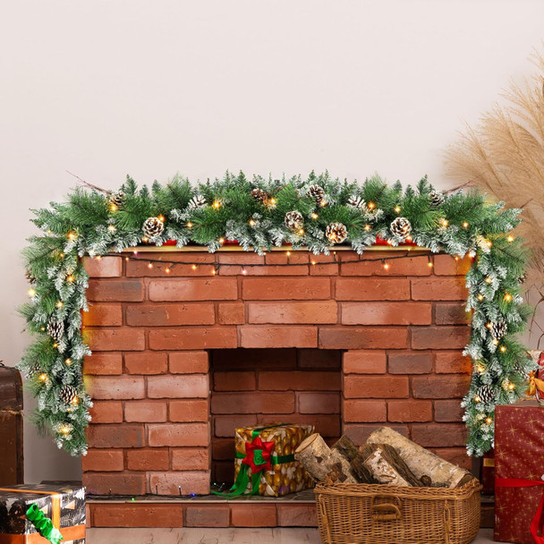 9 FT Christmas Garland with 100 LED Lights Dense-Style, Battery Operated Pre-Lit Garland with Pine Cones and Snow, 8 Lighting Modes with Timer, Christmas Decor for Mantle, Fireplace