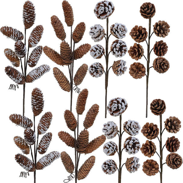 Winlyn 8 Pcs Snowy Natural Pinecone Picks Sprays Christmas Picks Spruce Pine Cones Branches Ornaments 14" Tall for Christmas Tree Rustic Floral Arrangements Wreath Holiday Centerpiece Winter Décor