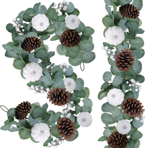 Winlyn 2 Pack White Pumpkin Garland Artificial Eucalyptus Garland with White Pumpkins Pinecones Berries Fall Foliage Garland for Wedding Arch Backdrop Thanksgiving Table Runner Farmhouse Décor