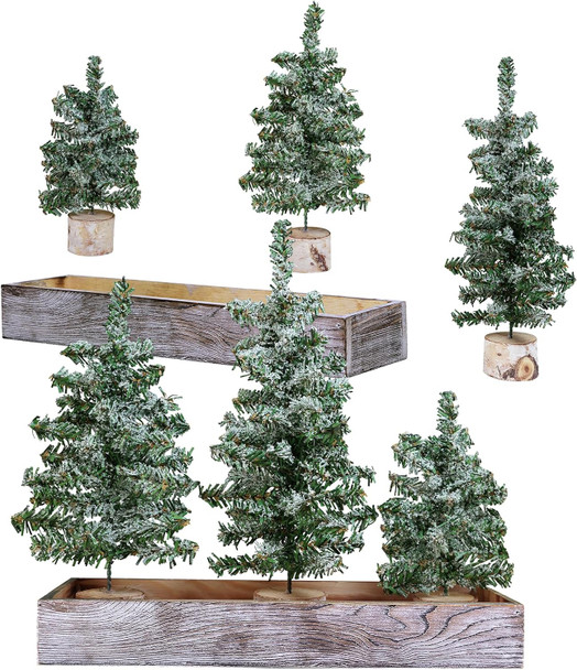 Winlyn Set of 3 Mini Snowy Artificial Canadian Pine Christmas Trees with Wood Bases Small Tabletop Christmas Trees in Rustic Wood Planter for Christmas Winter Table Centerpiece Holiday Decorations