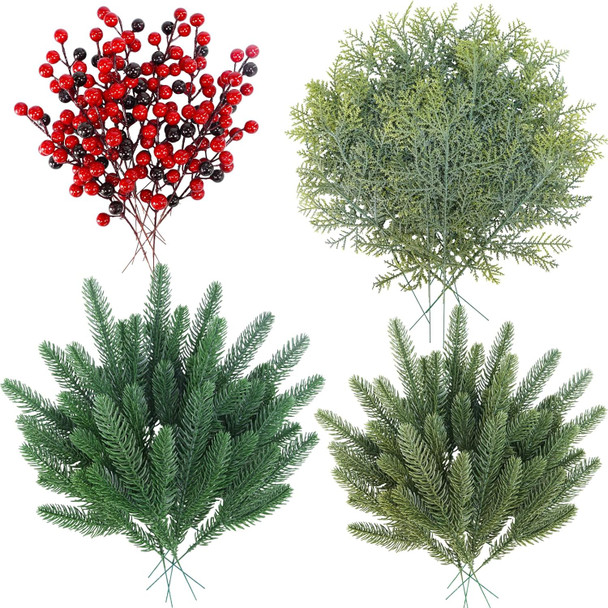 Winlyn 60 Pcs Christmas Artificial Pine Branches Red Berry Picks Fake Greenery Plants Pine Sprigs Christmas Tree Stems 8.1"-12" for Holiday Christmas Tree DIY Garland Centerpiece Floral Arrangement