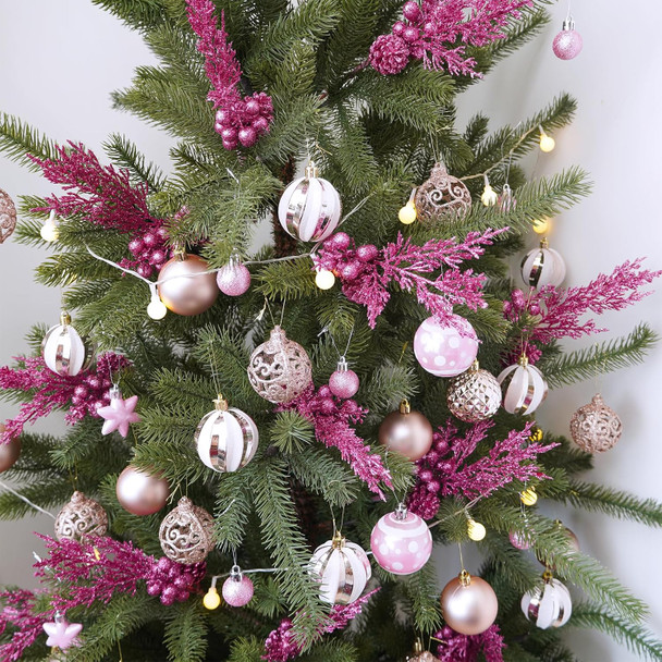 Winlyn 12 Pcs Christmas Artificial Pine Branches Pink Glittered Pine Needles with Pinecone and Berries Christmas Floral Picks 14.2" for Pink Christmas Tree Seasonal Wreath Swag Garland Wedding Bouquet