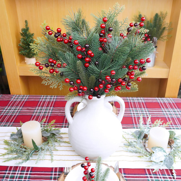 Winlyn 65 Pcs Artificial Pine Branches and Red Berries Stems Christmas Greenery Stems Cedar Picks for Christmas Tree Wreath Winter Wedding Holiday Floral Arrangement Table Centerpiece DIY Crafts