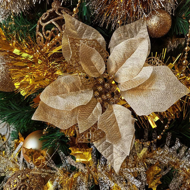 20 Set 8.8" Wide 3 Layers Christmas Gold Glitter Poinsettia Flowers Picks Christmas Tree Ornaments for Gold Christmas Tree Wreaths Garland Holiday Seasonal Festive Navidad Decoration Box Included