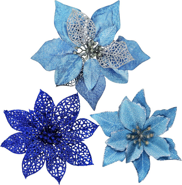 Winlyn 24 Set 3 Styles Christmas Blue Glitter Poinsettia Flowers Picks Christmas Tree Ornaments for Blue Christmas Tree Wreaths Garland Holiday Seasonal Wedding Decorations White Box Included