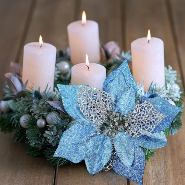 Winlyn 24 Set 3 Styles Christmas Blue Glitter Poinsettia Flowers Picks Christmas Tree Ornaments for Blue Christmas Tree Wreaths Garland Holiday Seasonal Wedding Decorations White Box Included