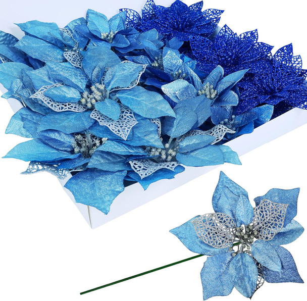 Winlyn 24 Set 3 Styles Christmas Blue Glitter Poinsettia Flowers Picks Christmas Tree Ornaments for Blue Christmas Tree Wreaths Garland Holiday Seasonal Wedding Decorations White Box Included