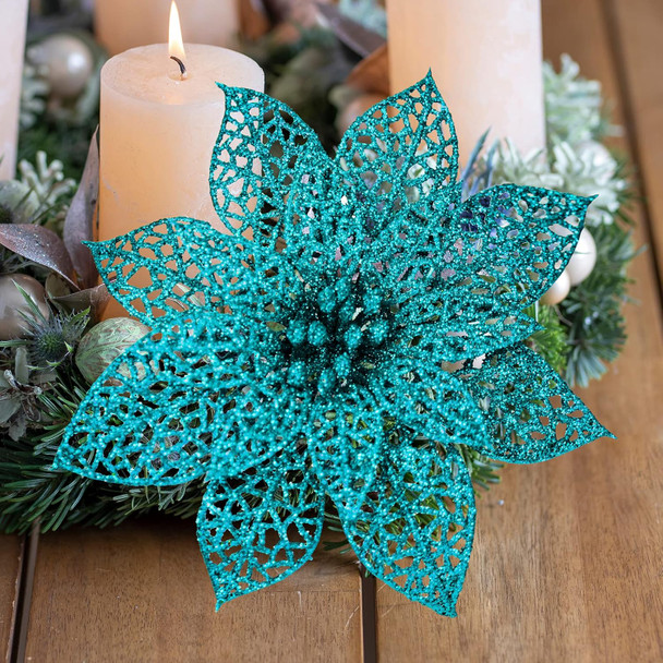 Winlyn 24 Pcs 4 Styles Christmas Teal Blue Metallic Mesh Glitter Artificial Poinsettia Flower Stems Tree Ornaments in Box for Teal Blue Christmas Tree Wreaths Garland Winter Wedding Holiday Decoration