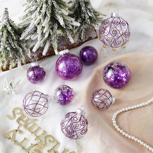 Wironlst Christmas Ball Ornaments Shatterproof Clear Large Plastic Hanging Ball Decorative Baubles Set with Stuffed Delicate Decorations (Multi-Size, Purple)