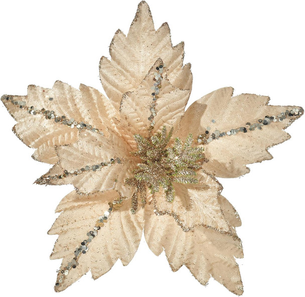 Christmas Poinsettia 10pcs 9.4-Inch Large Christmas Flowers Picks Spray Artificial Glitter Flower Ornaments for Christmas Tree Wreath Garland Decoration (Champagne)