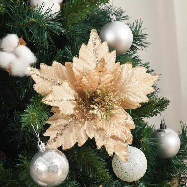 Christmas Poinsettia 10pcs 9.4-Inch Large Christmas Flowers Picks Spray Artificial Glitter Flower Ornaments for Christmas Tree Wreath Garland Decoration (Champagne)