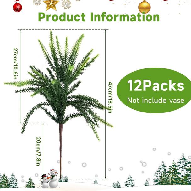 12 Pcs Christmas Norfolk Pine Branches, Artificial Christmas Pine Branches Norfolk Pine Stems DIY Crafts Faux Christmas Greenery Stems for Xmas Indoor Outdoor Home Decor (18 Inches)