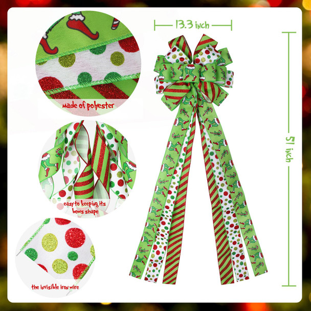 Christmas Tree Topper Bow Wreath, 44 x 13 Inches Large Green Christmas Bow Tree Topper,Glitter Christmas Wreath for Tree Indoor Outdoor Christmas Decoration