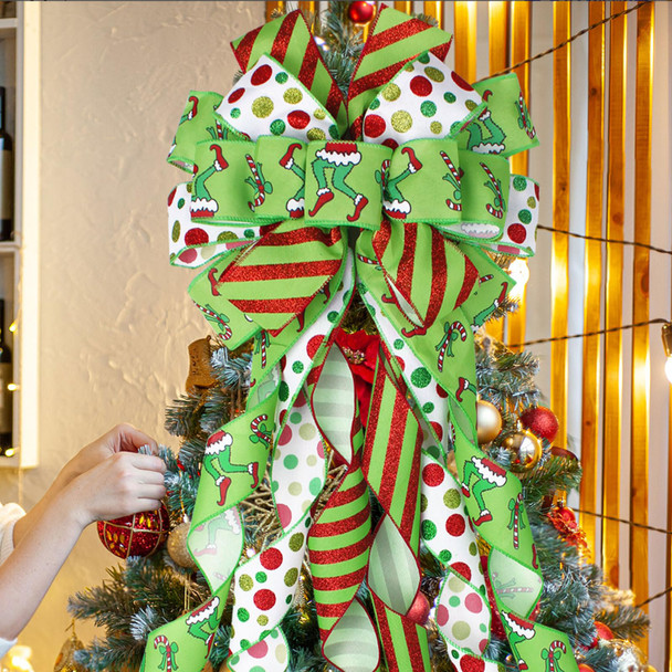 Christmas Tree Topper Bow Wreath, 44 x 13 Inches Large Green Christmas Bow Tree Topper,Glitter Christmas Wreath for Tree Indoor Outdoor Christmas Decoration