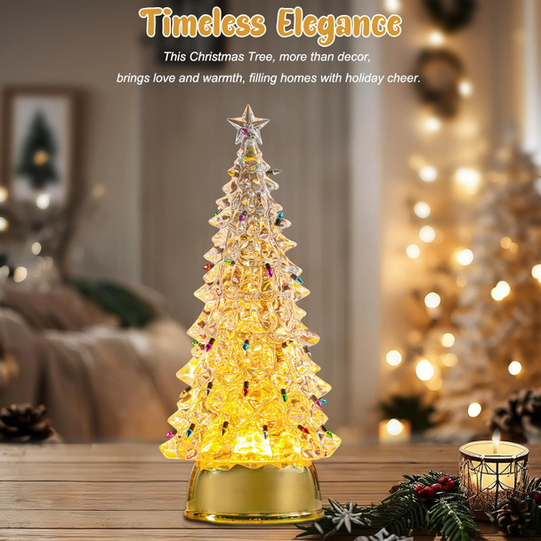 WONDER GARDEN Light Up Christmas Tree, 12” Acrylic Christmas Tree Snow Globe with Colorful Bulbs, Battery Operated Gold Water Swirling Glitter Led Lights Christmas Decorations Indoor for Tabletop