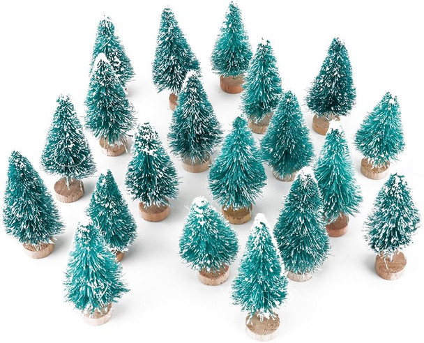 Artificial Mini Sisal Christmas Trees Snow Frost with Wooden Bases for Home Party Decoration Ornament DIY Craft (Blue-Green, 20 pcs)