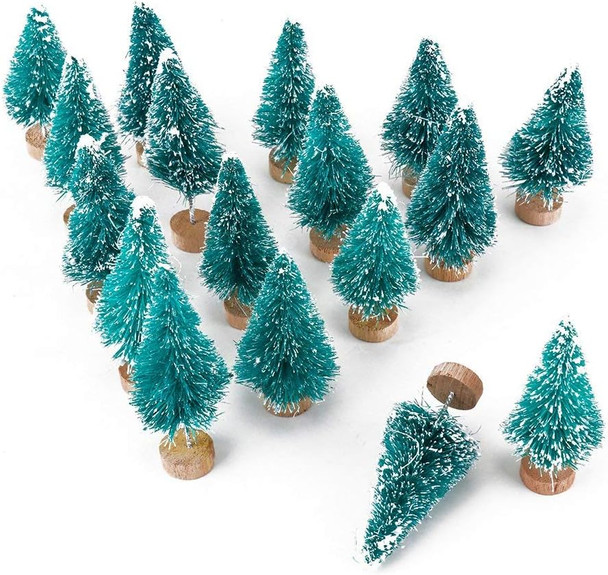 Artificial Mini Sisal Christmas Trees Snow Frost with Wooden Bases for Home Party Decoration Ornament DIY Craft (Blue-Green, 20 pcs)