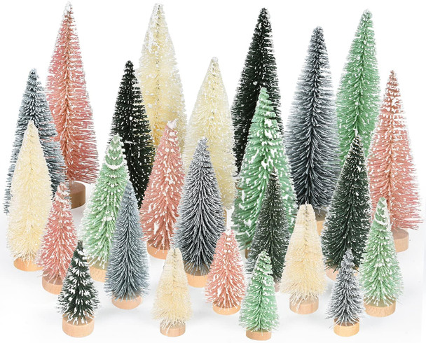 25 Pieces Artificial Frosted Sisal Christmas Tree, Bottle Brush Trees with Wood Base DIY Crafts Mini Pine Tree for Christmas Home Table Top Decor Winter Ornament (Pink)