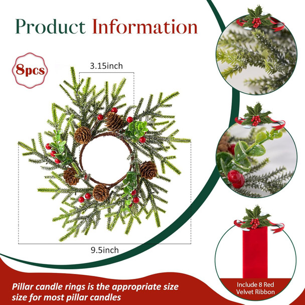 Mini Small Christmas Wreaths for Kitchen Cabinets-8pcs Christmas Candle Rings- Frosted Cedar Christmas Candle Rings Wreaths for Pillars/Window/Chair Wall-Christmas Table Centerpieces Decorations