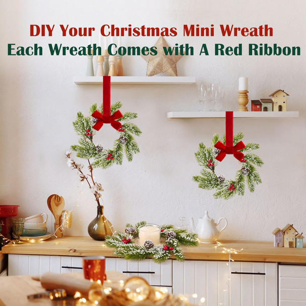 Christmas Candle Rings-4pcs Mini Small Christmas Wreaths for Kitchen Cabinets- Frosted Cedar Christmas Candle Rings Wreaths for Pillars/Window/Chair Wall-Christmas Table Centerpieces Decorations