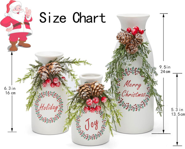Artificial Christmas Vase 3-Piece Set Flocked with Mixed Xmas Decorations Ceramic White Bottles (White)