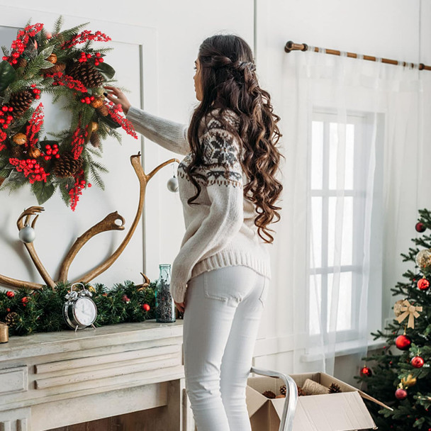 24 Inch Christmas Wreath Green Leaves Wreath for Front Door Artificial Eucalyptus Wreath with Berry and Pine Branches Christmas Decorations Indoor and Outdoor