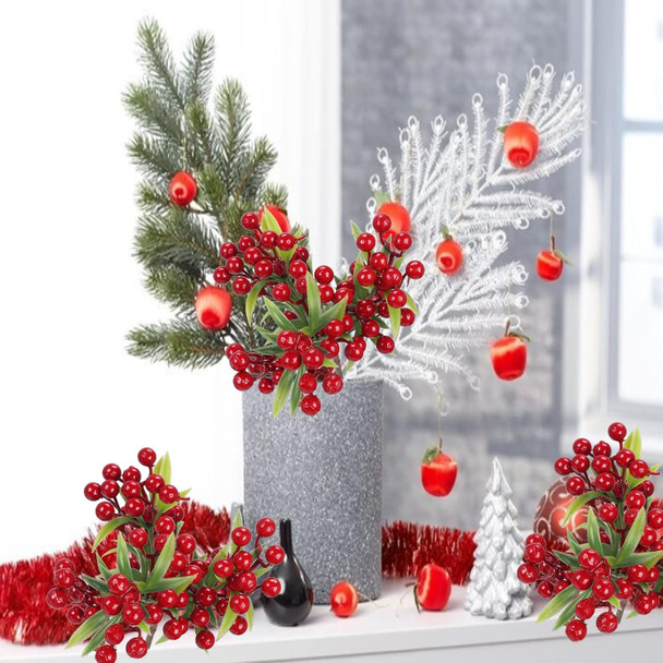 XHXSTORE 4Bundles Artificial Red Berries Christmas Greenery Stems Faux Burgundy Red Holly Berry with Green Leaves for Xmas Tree Home Wedding Flower Arrangement DIY Wreath Holiday Decor