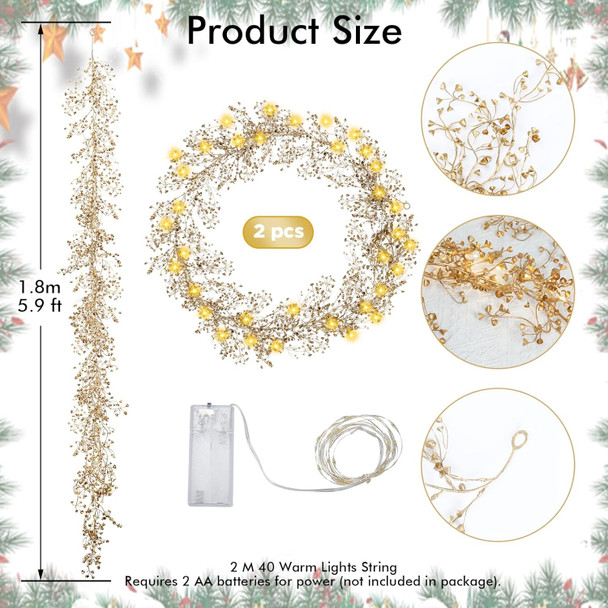 XHXSTORE 2 Pack Gold Christmas Garland 5.9 FT Berry Garland with Warm Lights Christmas Tree Garland Indoor for Home Mantel Fireplace Xmas Tree Party Holiday Winter Christmas Decorations