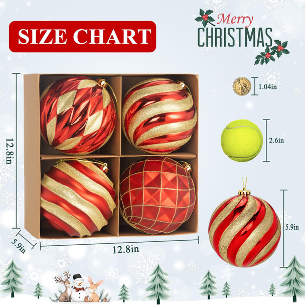 6" Red and Gold Christmas Ball Ornaments Set, 4 Pcs Extra Large Xmas Tree Decoration, Shatterproof Luxury Decorative Hanging Ornament Bulk for Party Holiday Wreath Garland Home Décor