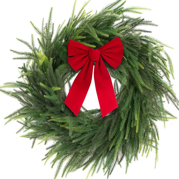 Real Touch Norfolk Pine Wreath for Front Door, 24'' Christmas Wreaths with Red Velvet Bow, Large Faux Cedar Pine Green Wreath for Wall Window Home Farmhouse Decorations Outdoor Indoor