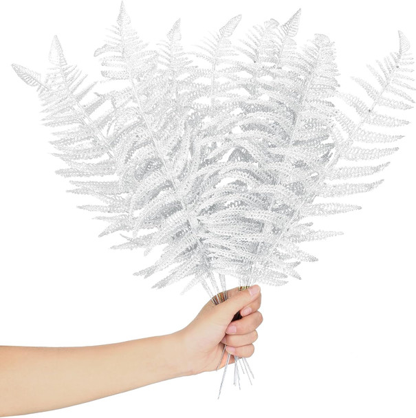 Xinnun Christmas Glitter Leaves Artificial Tropical Leaf Christmas Tree Sprays Glitter Leaf Garland Flashing Christmas Picks DIY Bouquet Stem Floral Branches for Wedding Xmas Wreath (White,12 Pcs)