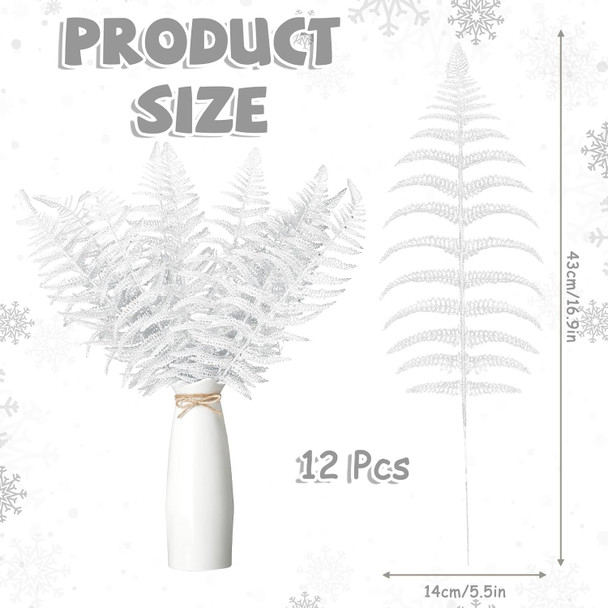 Xinnun Christmas Glitter Leaves Artificial Tropical Leaf Christmas Tree Sprays Glitter Leaf Garland Flashing Christmas Picks DIY Bouquet Stem Floral Branches for Wedding Xmas Wreath (White,12 Pcs)