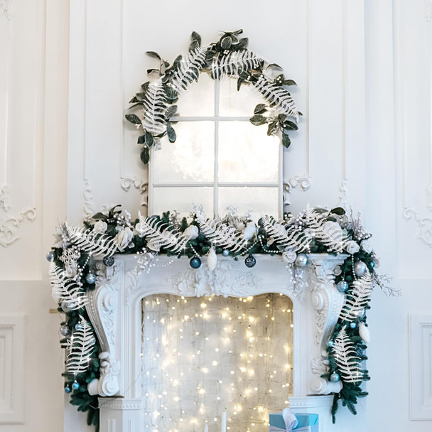 Xinnun Christmas Glitter Leaves Artificial Tropical Leaf Christmas Tree Sprays Glitter Leaf Garland Flashing Christmas Picks DIY Bouquet Stem Floral Branches for Wedding Xmas Wreath (White,12 Pcs)