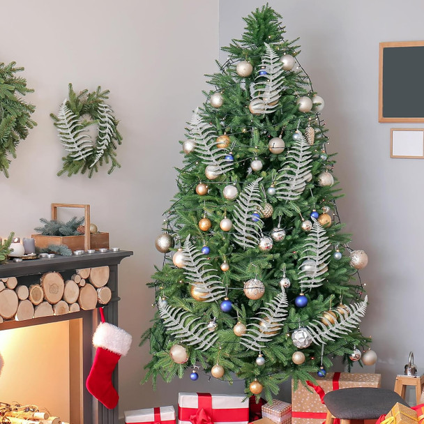 Xinnun Christmas Glitter Leaves Artificial Tropical Leaf Christmas Tree Sprays Glitter Leaf Garland Flashing Christmas Picks DIY Bouquet Stem Floral Branches for Wedding Xmas Wreath (White,12 Pcs)