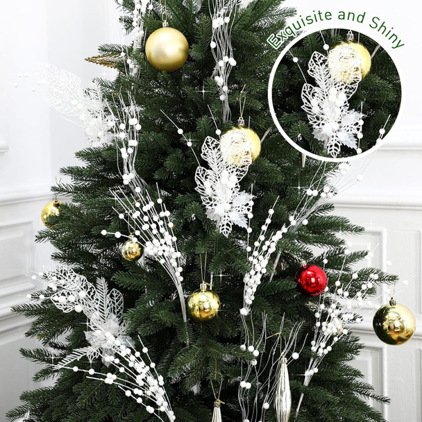 XunYee 60 Pcs Christmas Picks and Sprays for Tree,3 Styles Glitter Artificial Christmas Berry Stem Xmas Tree Filler Branch Ornaments Bead Stick for Christmas Tree Wreath Garland Decor(White)