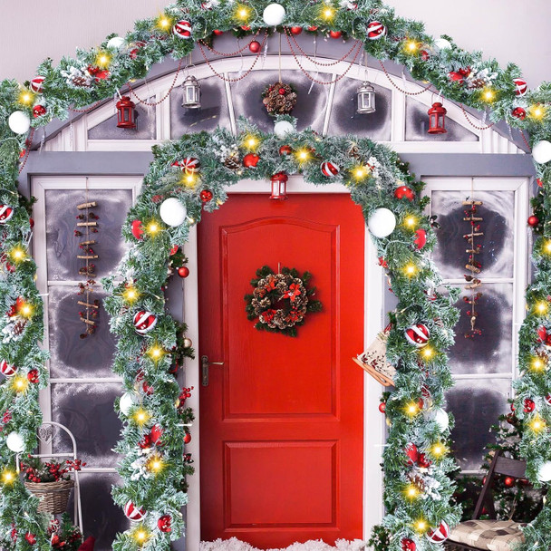 XunYee 18 FT Christmas Garland with Lights Xmas Prelit Garland Battery Operated Mantle Garland Decoration Red White Balls Snow Flocked Greenery Garlands for Front Door Fireplace Table Centerpiece