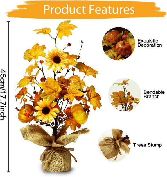 Fall Decorations for Home,18 Inch 20LED Thanksgiving Tree Lights Tabletop Decor for Room, Maple Leaf Pumpkin Battery Operated Artificial Tree Lights for Holiday Autumn Harvest Xmas Party Home