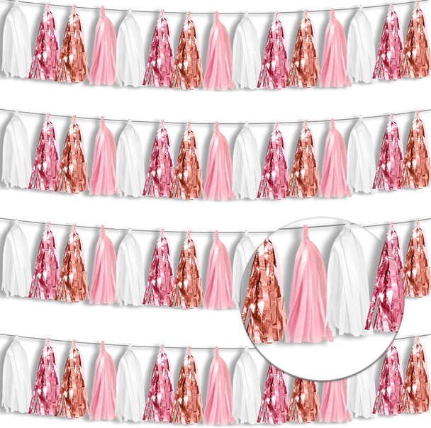 4P Rose-Gold Pink White Foil Fringe Tassel Banner Garland Metallic Tinsel Streamers Wall Hanging Curtain Backdrop for Parade Floats, Graduation , Wedding, Birthday, Retirement Party Decorations