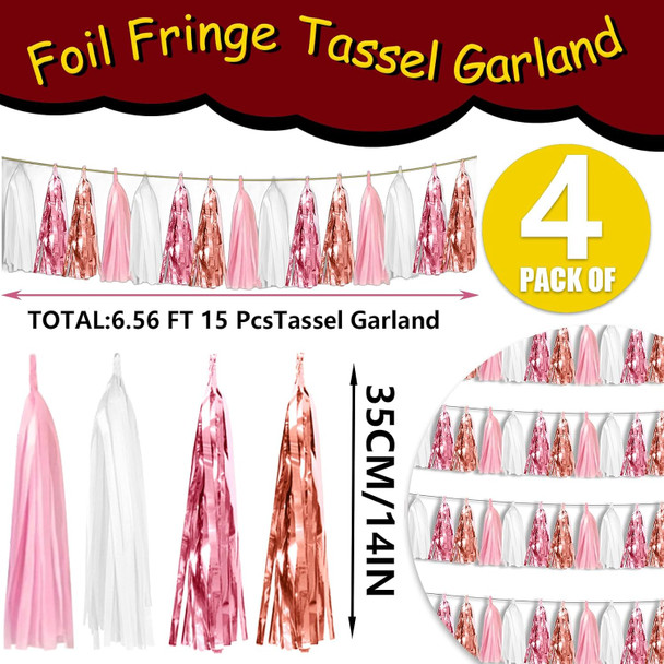 4P Rose-Gold Pink White Foil Fringe Tassel Banner Garland Metallic Tinsel Streamers Wall Hanging Curtain Backdrop for Parade Floats, Graduation , Wedding, Birthday, Retirement Party Decorations