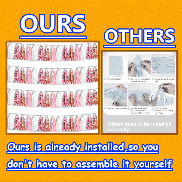 4P Rose-Gold Pink White Foil Fringe Tassel Banner Garland Metallic Tinsel Streamers Wall Hanging Curtain Backdrop for Parade Floats, Graduation , Wedding, Birthday, Retirement Party Decorations