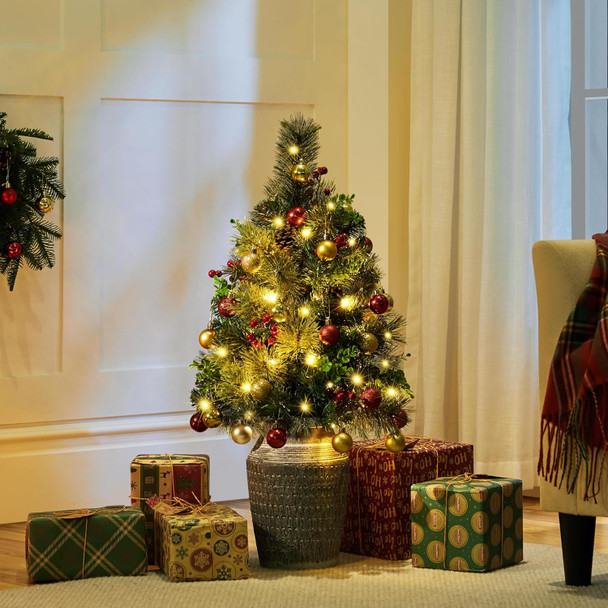 Yaheetech 2Pcs Pre-lit Mini Christmas Trees,2FT Artificial Christmas Tree with Stakes for Driveway, Yard, Garden,Pathway Christmas Tree with LED Lights, Red Berries, Pinecones,Green