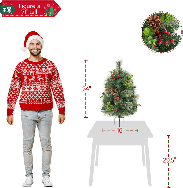 Yaheetech 2Pcs Pre-lit Mini Christmas Trees,2FT Artificial Christmas Tree with Stakes for Driveway, Yard, Garden,Pathway Christmas Tree with LED Lights, Red Berries, Pinecones,Green