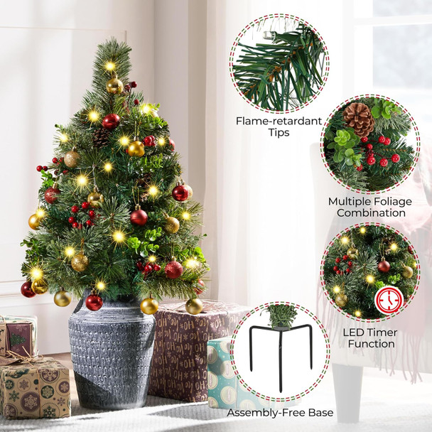 Yaheetech 2Pcs Pre-lit Mini Christmas Trees,2FT Artificial Christmas Tree with Stakes for Driveway, Yard, Garden,Pathway Christmas Tree with LED Lights, Red Berries, Pinecones,Green