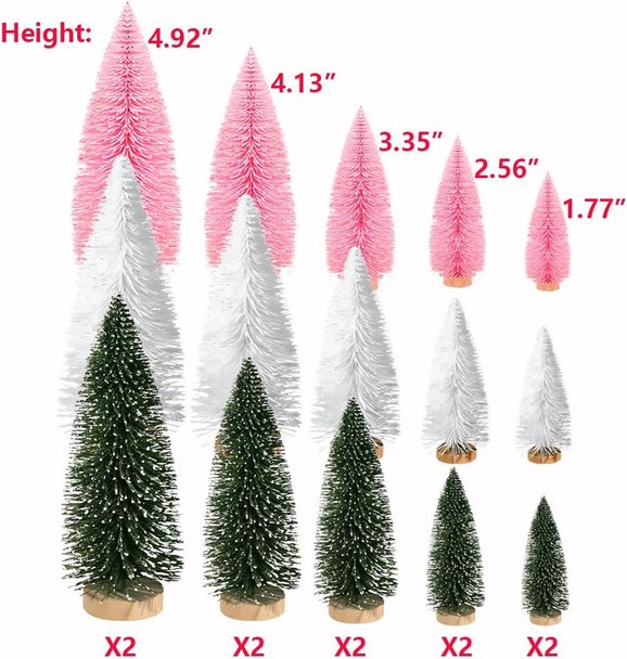 Yahpetes Artificial Mini Christmas Trees, 30 Pcs Sisal Snow Pines in 5 Sizes, Crafting Displaying Decoration, Tabletop Xmas Tree for Home, Party (Pink/White/Green)