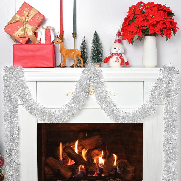 Christmas Tinsel Garland, 32.8 FT Shiny Silver Tinsel Garland Christmas Decorations, Christmas Tree Garland Metallic Twisted Hanging Christmas Garland for Xmas Tree Home Party Indoor Outdoor Decor