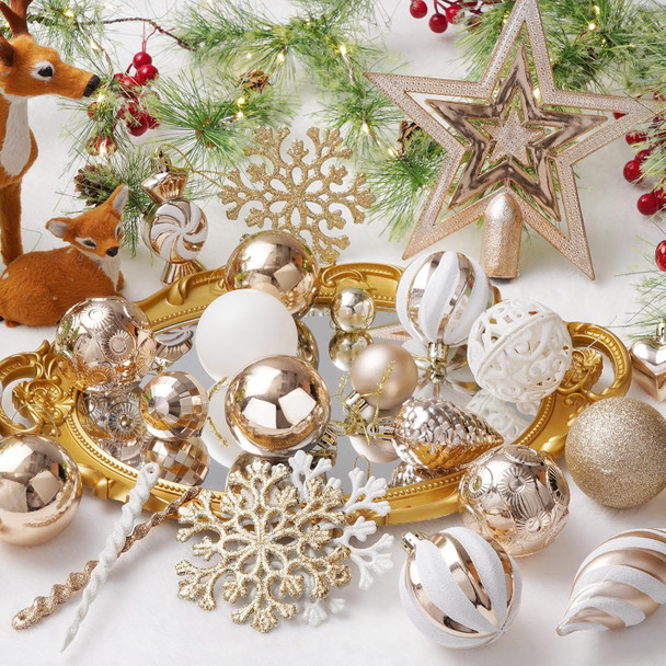 Christmas Tree Decorations - 128 Pcs Christmas Tree Ball Ornaments Set, Shatterproof Plastic Champagne Christmas Ball Ornaments for Christmas Tree Decor Holiday Wedding Party Decorations